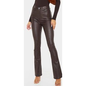 Prettylittlething Chocolate Brown Croc Coated Denim Flared